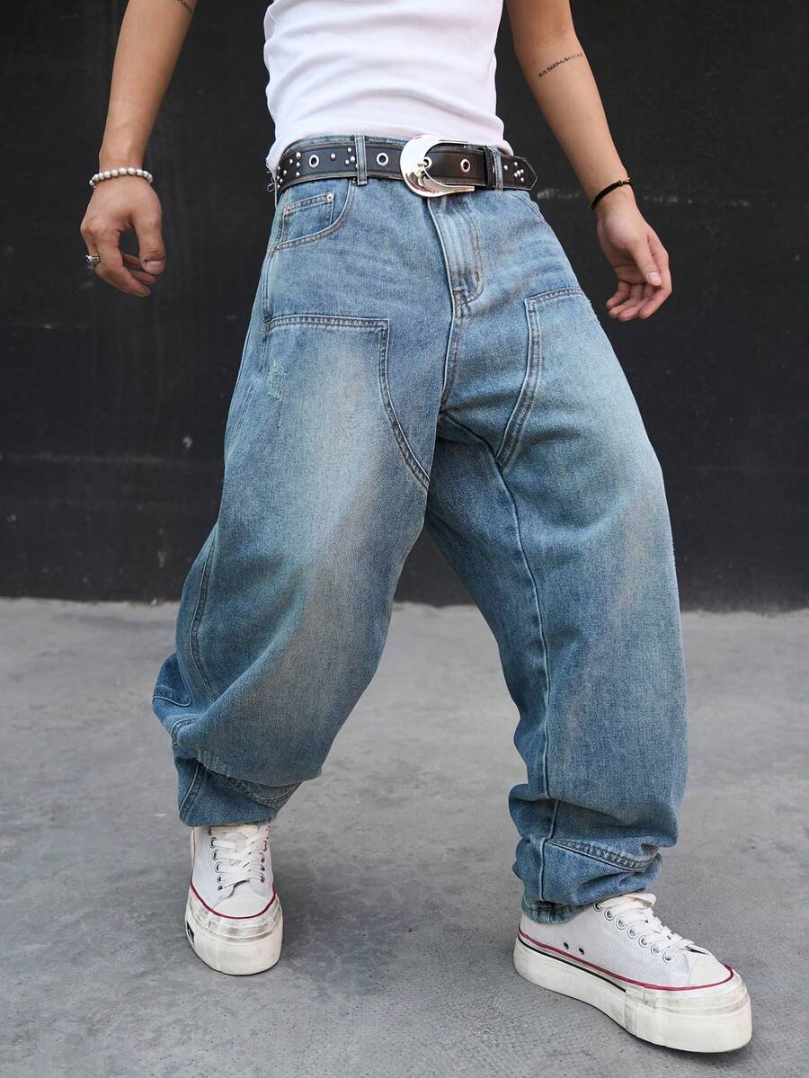 Manfinity EMRG Men's Tapered Fit Patchwork Denim Jeans - Light Wash - View 1