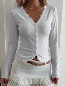 Livesso 女士蕾丝荷叶边修身开衫，白色，夏季 - 白色 - 查看 5