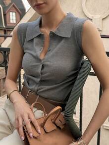 DAZY Women Sleeveless Solid Color Knit Top With Collar - Grey - View 5