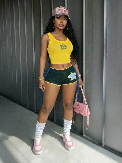 Slaydiva New Early Spring, Spring And Summer Music Festival, Valentine's Day, Easter Casual And Simple Basic Style Y2K Street Sweet Bestseller, Daily Date, Hot Girl Style, Sexy Sporty Style, Casual Vacation Round Neck Sleeveless LA English Woolen Top, Yellow Vest + Super Short Pants, Mini Pants, Tassel Decoration, Star Crochet Pattern, Dark Green Shorts, Women's Sweater Set -A