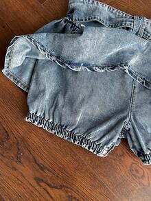 Elamini 女士打结腰部荷叶边下摆时尚牛仔短裙 - 藍色 - 查看 7