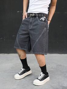 Manfinity EMRG Men's Denim Print Wide Leg Shorts - Black - View 3
