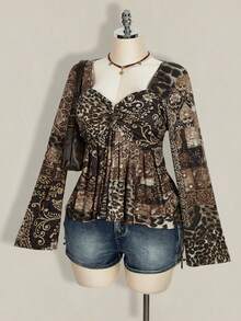 SHEIN ICON 大码女式波西米亚风佩斯利豹纹棕色T恤 - 彩色 - 查看 4