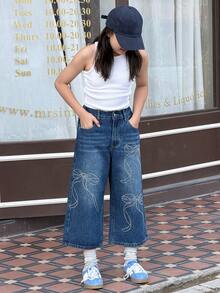 DAZY 少女蝴蝶结水钻装饰直筒牛仔裤 - 藍色 - 查看 1