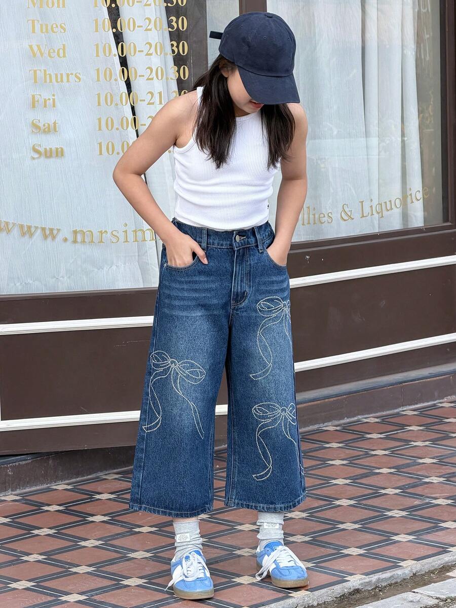 DAZY 少女蝴蝶结水钻装饰直筒牛仔裤 - 藍色 - 查看 1