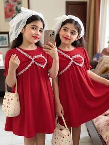 SHEIN ChillGRL Streecool Tween Girl Girls' Fashionable Versatile Cute Puff Sleeve Round Neck Doll Dress, Red One-Piece Dress, Round Neck Front Splice Design Pullover Dress, Suitable For Daily Outings, Birthday Parties - Red - View 1