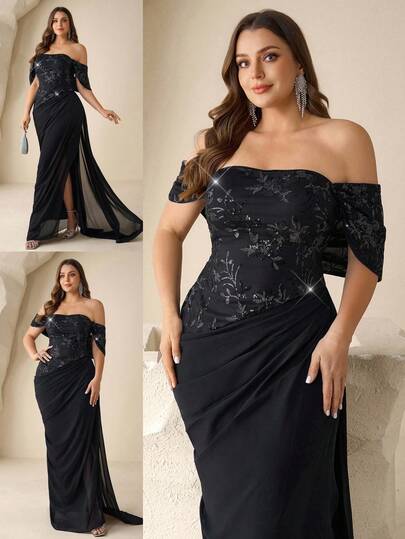 Coutiva Plus Size Off-Shoulder Sequin Patchwork Formal Evening Gown Elegant Sequin Embellished Long Sleeve Dress, High-End Formal Gown For Banquet Women's Formal Evening Dress Gown (Heavy Embroidery) Women Rhinestone Embellished Sheer Black Long Evening Gown, Wedding Guest Dress, Elegant Evening Dress, Prom Dress, For Wedding Dress Waist And Chest Slimming, Party Dress, Formal Dress