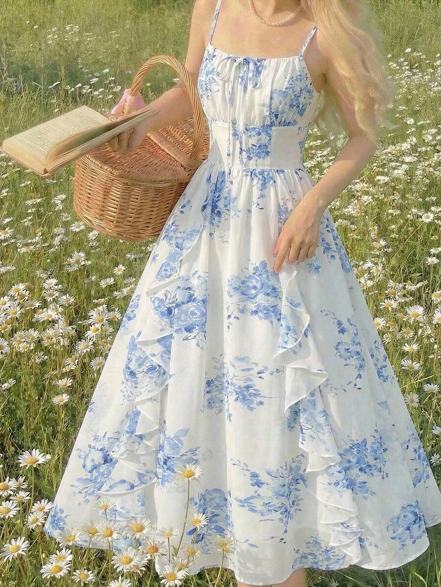 SHEIN 少女优雅印花吊带荷叶边A字摆连衣裙,波西米亚风长裙,适合海滩度假、热带假期、春夏穿着 - 藍色 - 查看 1