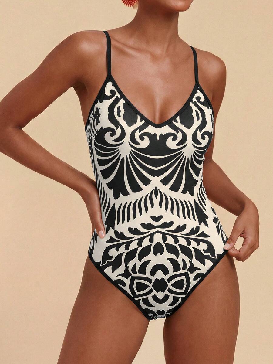 Travachic 女士吊带系带V领复古连体泳衣，夏季 - 彩色 - 查看 1