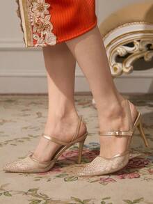 CUCCOO TILAWA 女士夏季新款闪亮水晶网纱尖头细高跟鞋，优雅迷人金色网纱露趾高跟鞋，礼服鞋，新娘鞋，伴娘鞋，时尚派对晚宴婚礼鞋 - 香檳色 - 查看 5