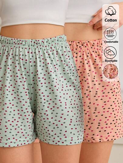 SHEIN Women Cotton 2 Pcs Multicolour With Contrast Heart Pattern Shorts Homewear Comfort Casual Sleep Bottoms Set