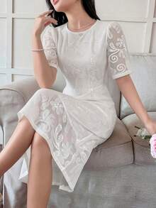 DAZY Đầm midi ren thêu cao cấp, đầm dự tiệc mùa hè thanh lịch kiểu Pháp cổ tròn xẻ tà dành cho nữ. - trắng - Xem 2