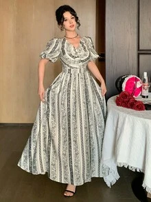 DAZY 女士优雅印花花瓣袖扭结连衣裙，夏季 - 黑與白 - 查看 5