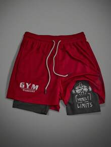 Manfinity ZONE917 Men's Printed Double-Layer Drawstring Waist Sports Shorts Athletic Shorts Breathable Ultra Lightweight Quick Drying Pattern Design Baggy For Gym Road Running 2 In 1 Performance Shorts - Burgundy - View 1