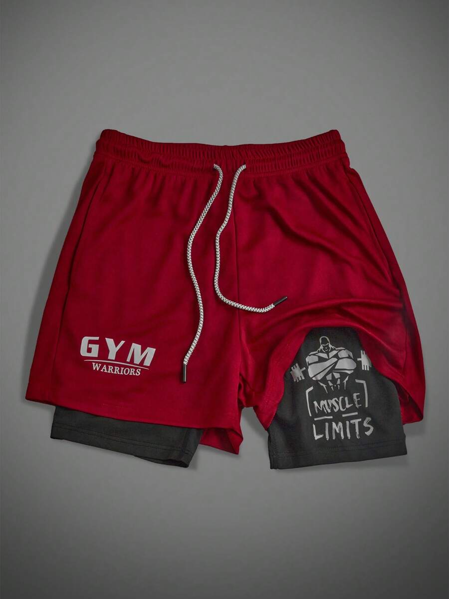 Manfinity ZONE917 Men's Printed Double-Layer Drawstring Waist Sports Shorts Athletic Shorts Breathable Ultra Lightweight Quick Drying Pattern Design Baggy For Gym Road Running 2 In 1 Performance Shorts - Burgundy - View 1