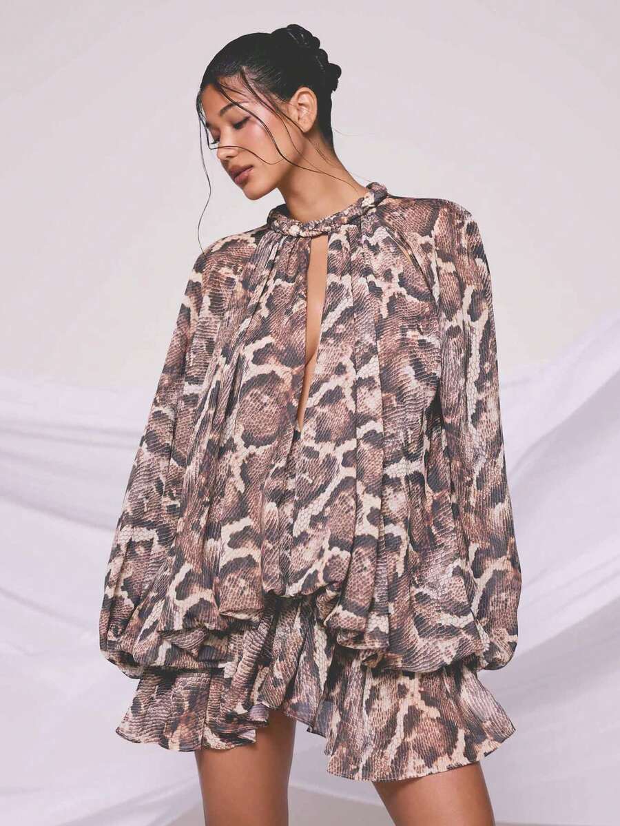 KIZN Women Snake Print Chiffon Long Sleeve Ruffle Hem Mini Dress With High Neck And Volume Sleeves Party Evening Wear - Multicolor - View 1