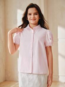 Anewsta 春季新款粉色女童衬衫，花瓣袖刺绣设计，时尚中大码儿童夏季上衣 - 粉色 - 查看 4