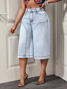 Slaydiva Quần jeans nữ cạp cao, có túi, ống rộng, dáng suông, dài đến mắt cá chân (7/8) - Rửa nhẹ - Xem 3