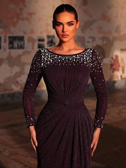 Aureia Elegant Luxurious Sparkling Diamond Sheer Sleeve Ruched Mermaid Slit Dress, Suitable For Weddings, Parties, Holidays, Formal Events Elegant Dresses Long Sleeve Formal Dress Mother Of The Bridal Dress Evening Mother Of Groom Dress Luxury Dress For Women Beaded Dress Rhinestone Dress Diamond Dress