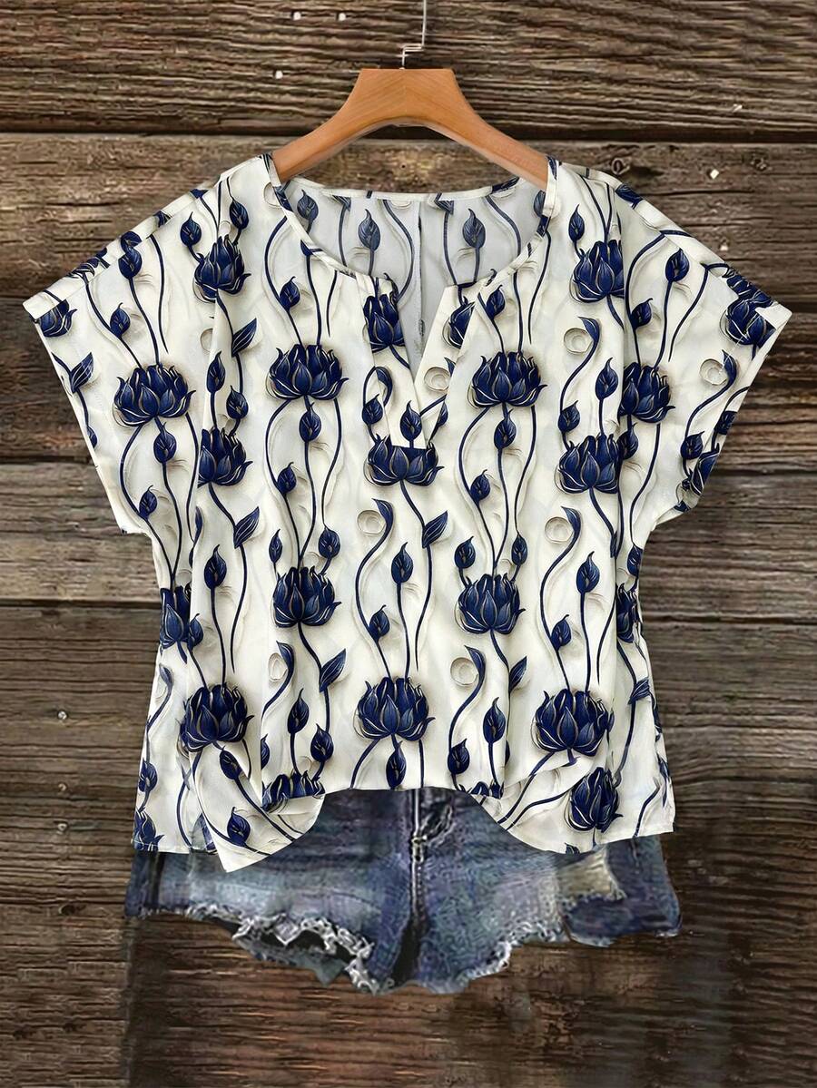 Breezaya Plus Size Women Floral Print V-Neck Batwing Sleeve Blouse - Multicolor - View 1