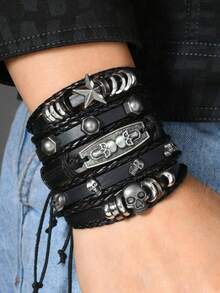 ROMWE Grunge Punk 5 件/套，朋克复古骷髅头，星形时尚 PU 男士手链，女士手链，精选礼品。 - 黑色-A - 查看 1