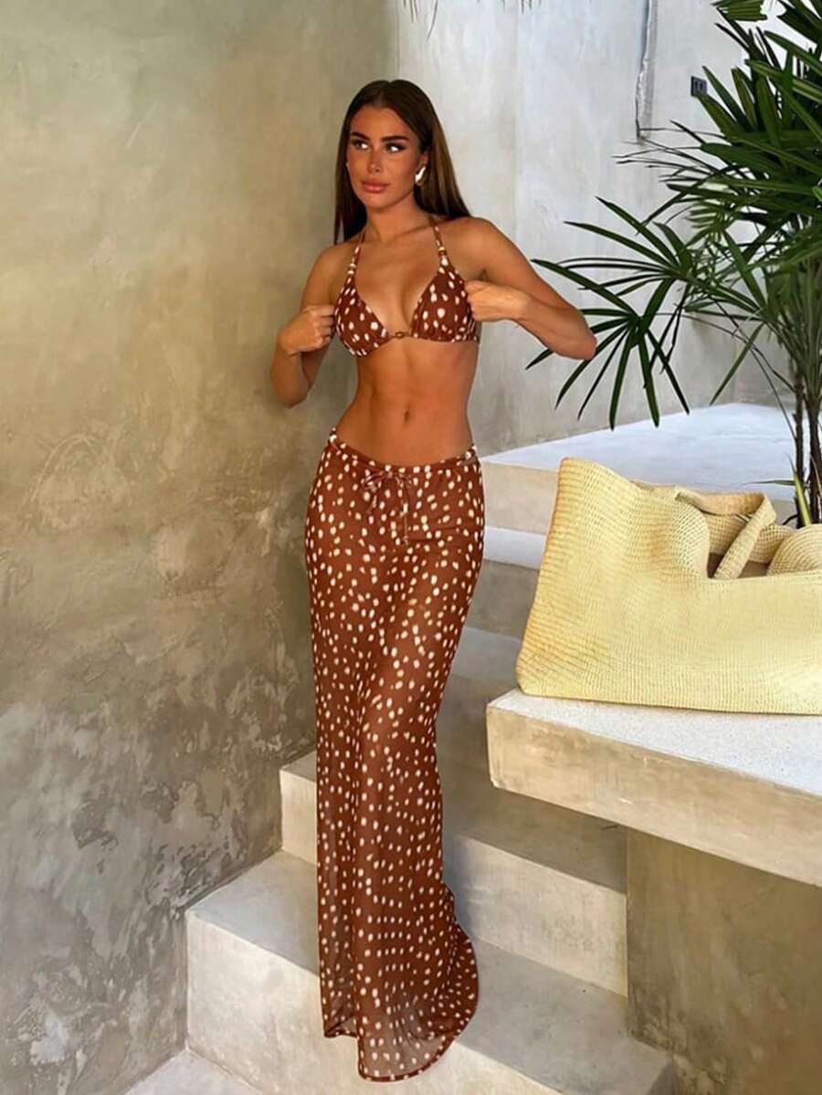 Bonvoyette Chicsea-D 女士夏季焦糖暖棕色底鹿点印花泳衣，挂脖三角罩杯设计凸显肩颈线条，系带垂褶薄纱裙摆，休闲海滩度假复古优雅泳装套装 - 彩色 - 查看 1