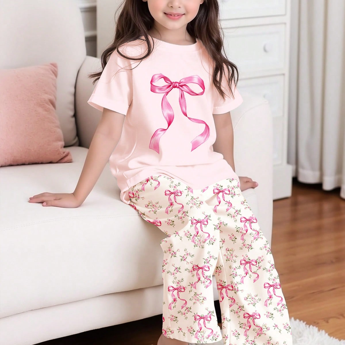 Conjunto de top de manga corta con cuello redondo y pantalones con estampado floral y de moño para niñas, adecuado para primavera/verano, interior,