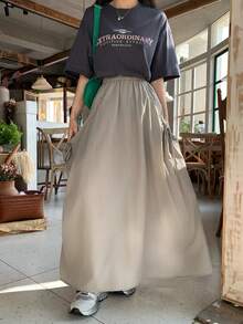 Livesso 女士系带宽松弹力腰休闲半身裙，夏季 - 卡其色 - 查看 3