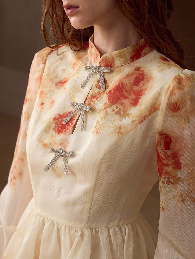 WOMEN'S SPRING/SUMMER FLORAL PRINT STAND COLLAR LANTERN SLEEVE RHINESTONE BOW DECOR SHORT DRESS