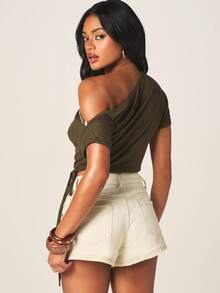 MISSGUIDED Women's Off-Shoulder Button Detail Cropped Short Sleeve Olive Green Tie Front Top - Army Green - View 3