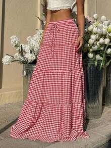 MainGRL Falda a cuadros rojos y blancos casual y juvenil para mujer de primavera/verano de SHEIN , para playa y vacaciones de primavera/verano - Rojo y blanco - Ver 3