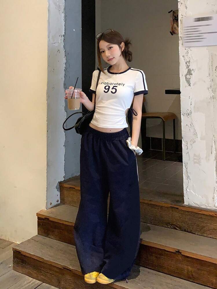 Women's Round Neck Letter & Number Print Pleated Twist Design Casual Versatile Daily Wear Short Sleeve T-Shirt Summer