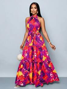 SOLERSUN Women's Fashionable Allover Print Halter Maxi Flowy Dress With Belt For Vacation (Random Floral) - Red Violet - View 9