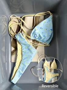 SHEIN Swim Mod 女士沙滩套装，浅蓝色碎花格子双面印花，可双面穿着，时尚休闲度假性感甜美可爱，女士挂脖比基尼三角包泳装套装 - 彩色 - 查看 7
