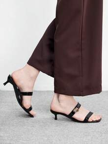CUCCOO BIZCHIC Giày nữ mùa xuân hè mới, kiểu dáng sọc đen, mũi nhọn, khóa kim loại, sandal cao gót vừa phải, dép lê đơn giản, thời trang và thoải mái, đa năng hàng ngày, sandal nữ đi làm, giày nữ. - màu đen - Xem 5