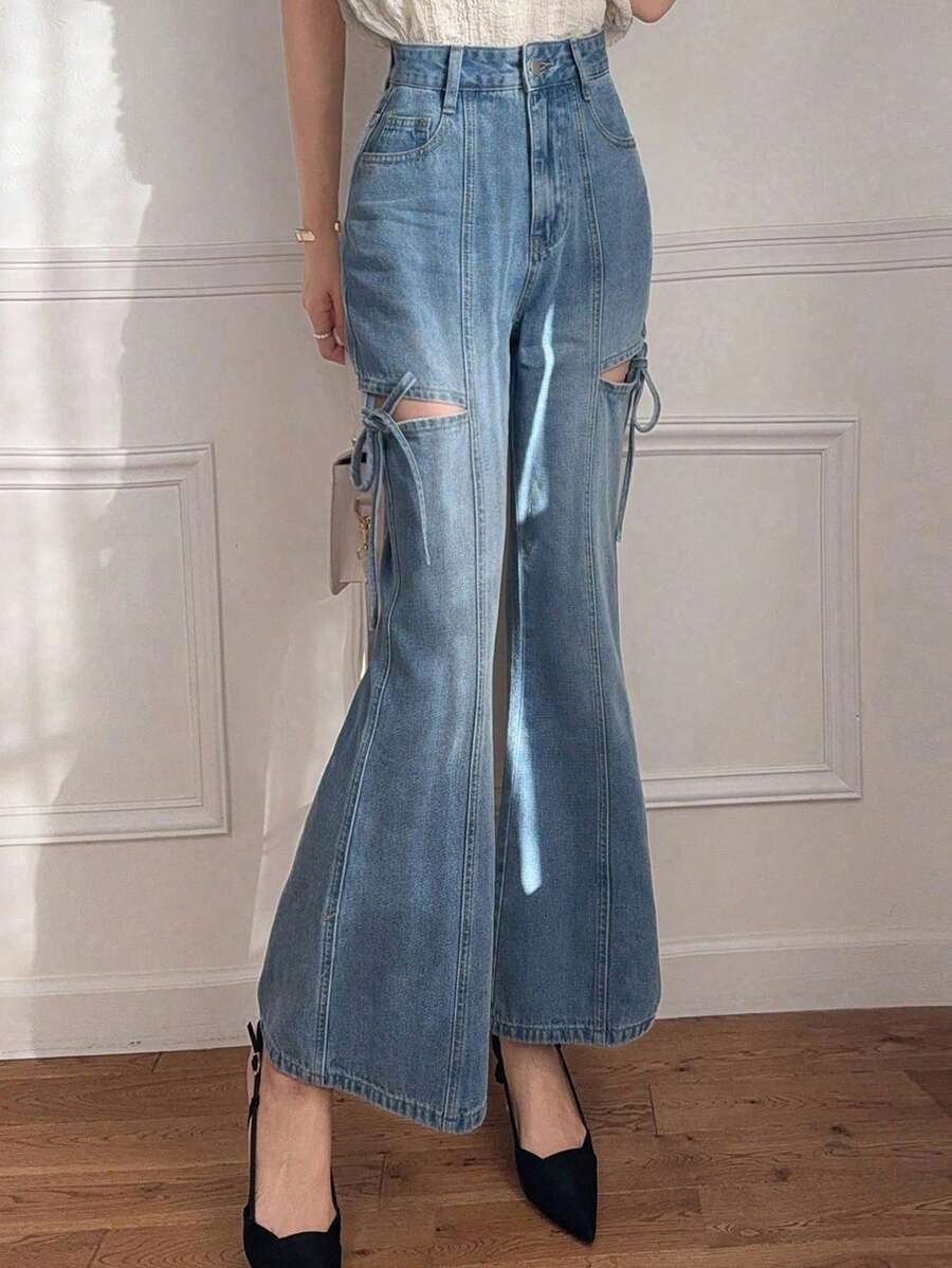 FRIFUL 女士休闲时尚街头通勤镂空打结喇叭牛仔裤 - 藍色 - 查看 1