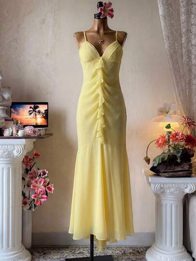 Lyxana 女士纯黄色夏季连衣裙，优雅海滩度假装