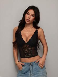 SHEIN PETITE 女款黑色夏季蕾絲束腰吊帶上衣，性感時尚派對之夜百搭穿搭，適合約會之夜、主題派對、演唱會、聖誕派對，適合嬌小女性 - 黑色 - 查看 3