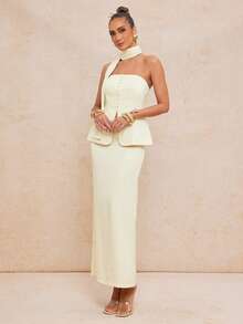 Lumalex Women's Elegant Apricot Sleeveless Cropped Top With Bow Tie Design + Women's Elegant Apricot Slit Fitted Skirt, Spring/Summer - Apricot - View 10