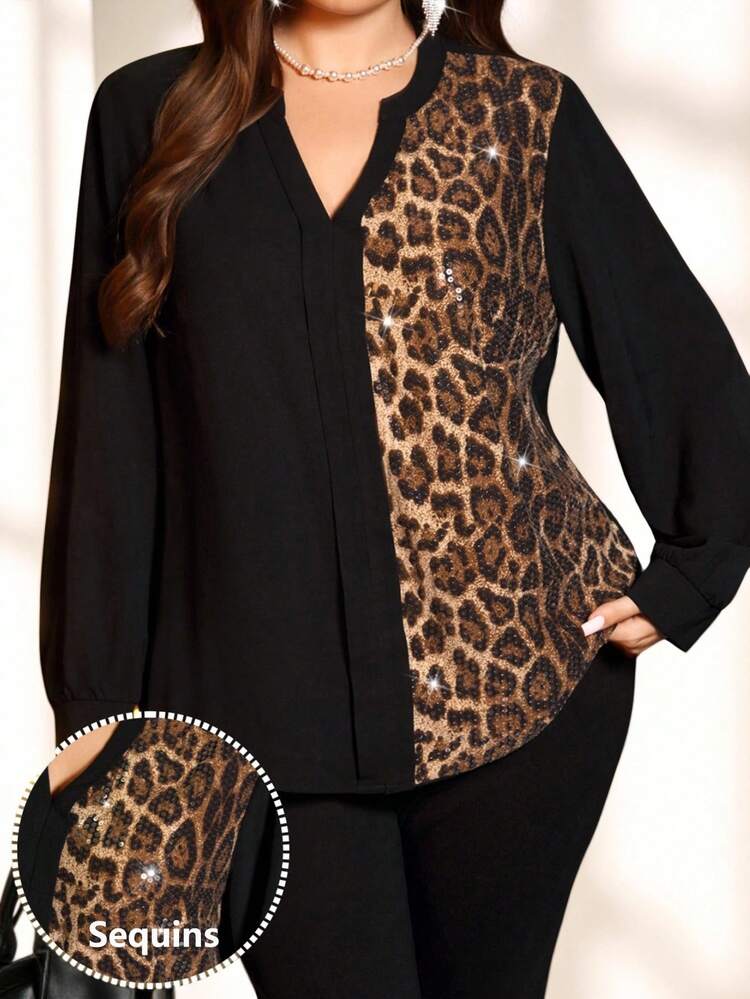 Plus Size Women Leopard Print Sequin Contrast  Black Color Block Shirt, Christmas Party, Sequin Top, Christmas Women's Clothing, Elegant Tops For Party, Autumn/Winter,2025 New