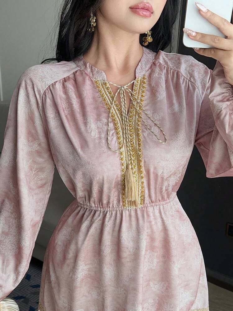 Dazy Plus Floral Pattern Patchwork Sequin Lantern Sleeve Waist Cinched Elegant Party/Date Maxi Dress, Plus Size, Spring/Summer Sun Dresses For Women