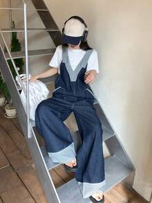 DAZY 女士深V领条纹吊带拼接无袖宽松休闲牛仔连体裤 - 深色水洗藍 - 查看 7