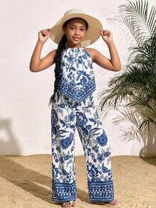 SHEIN Setelan 2 Potong untuk Remaja Perempuan: Atasan Tube Crop Motif Leopard dan Rok Mini Berlapis dengan Detail Ruffle, Set Kasual Serbaguna untuk Liburan Musim Panas. - MultiWarna - View 5