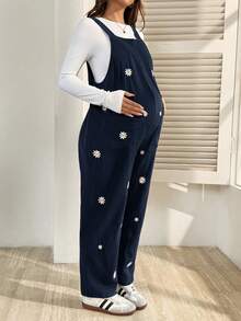SHEIN Maternity Casual Commuter Daisy Embroidered Jumpsuit - Royal Blue - View 3