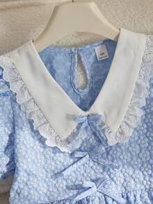 Girls' Elegant Floral Jacquard Petal Sleeve Dress With Bow Decor, Suitable For Daily, Casual, Holiday, Party - Baby Blue - View 7