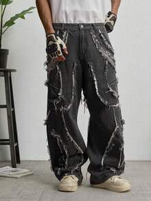 GALLERY FADE Men's Casual Street Style Distressed Flared Leg Grey Jeans - Dark Grey - View 4