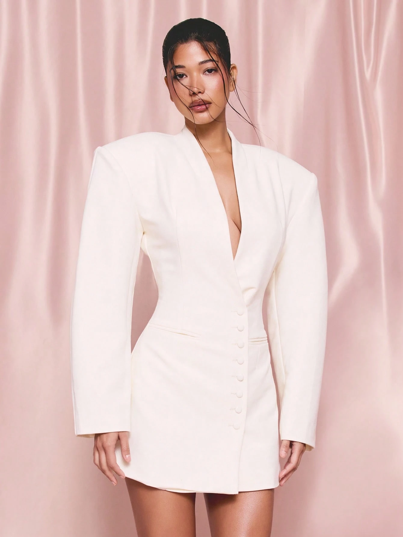 KIZN Balloon Sleeve Blazer Dress With V-Neck