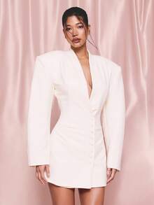 KIZN Women's Cream Balloon Sleeve Mini Blazer Dress With Deep V-Neck And Button Details For Evening Party Fall Winter - White - View 1