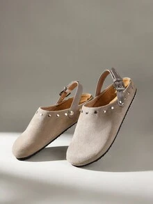 Solecia Women's Vintage Fashion Rivet Buckle Comfortable Versatile Simple Closed Toe Outer Wear Flat Bottom Mules Slippers Summer - Grey - View 6