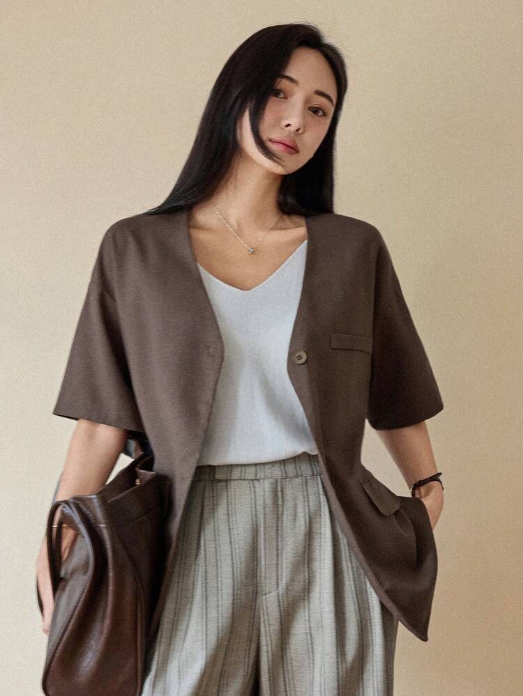 Women's Casual Commuter Solid Color Short Sleeve Shirt Summer